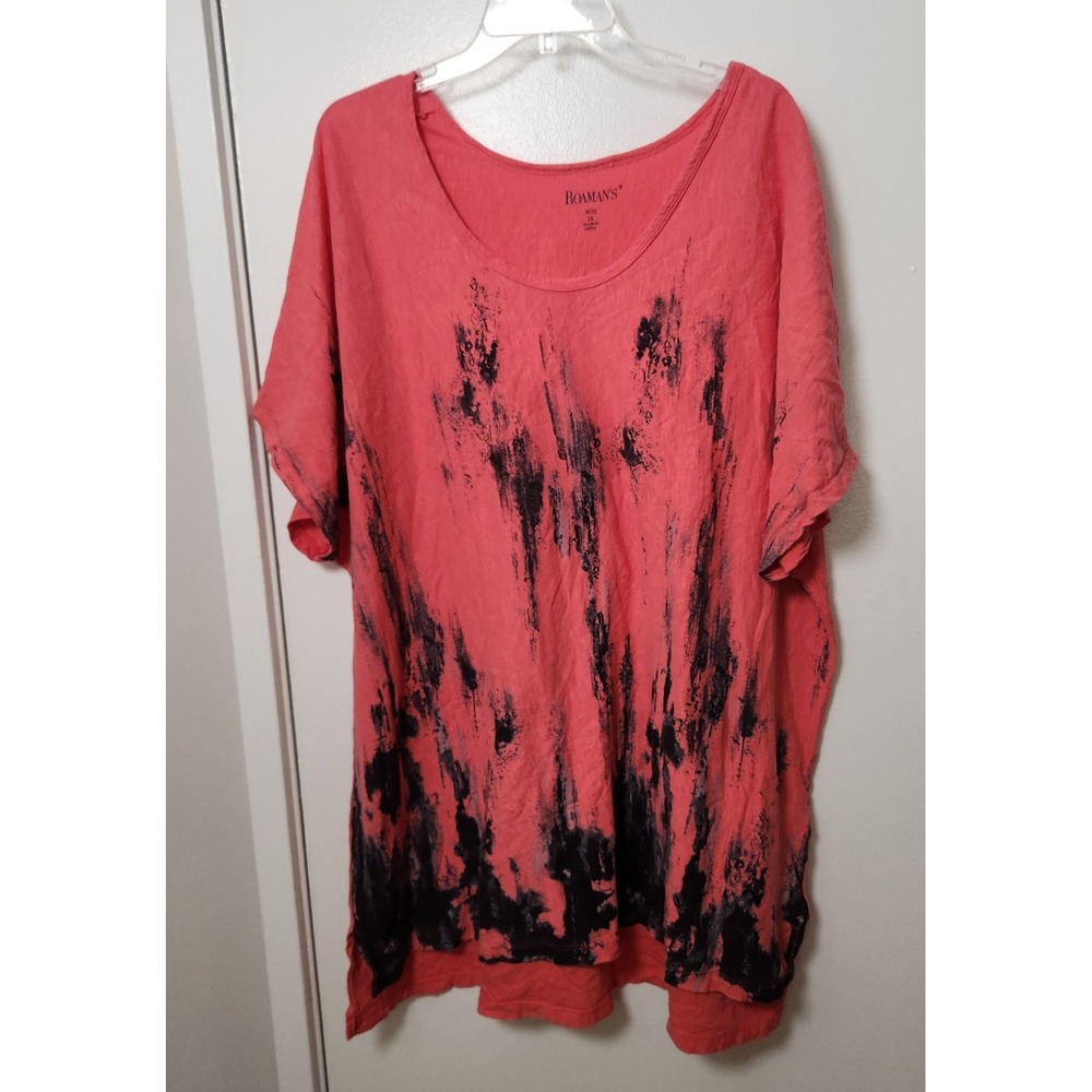 Roaman's Red Womens Tie Dye Long Tunic Slub Top 3X 100% Cotton Hi-Lo Hem Grunge
